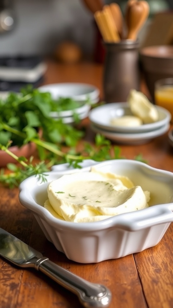 A decorative butter dish filled with creamy herb butter, garnished with fresh herbs, on a wooden table.